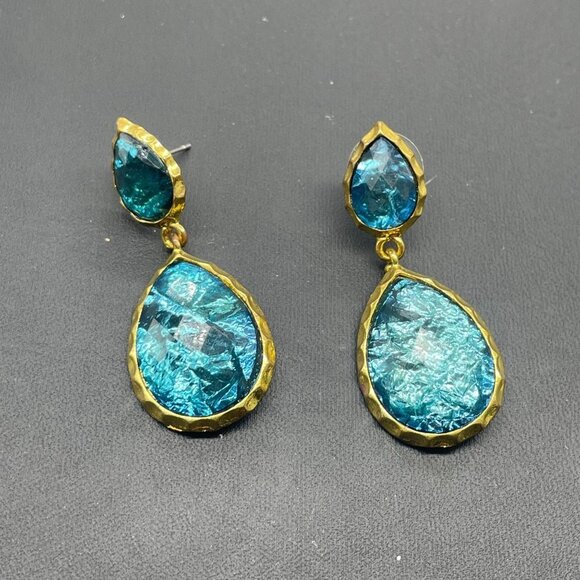 Amrita Singh Blue Glass Look Teardrop Dangle Drop Earrings Gold Tone Evening - Picture 2 of 6